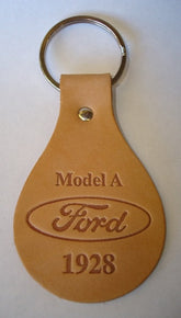 A-18574-A - Key chain - Oval Tanned Genuine Leather Model A Ford Script 1928