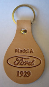 A-18574-B - Key chain - Oval Tanned Genuine Leather Model A Ford Script 1929