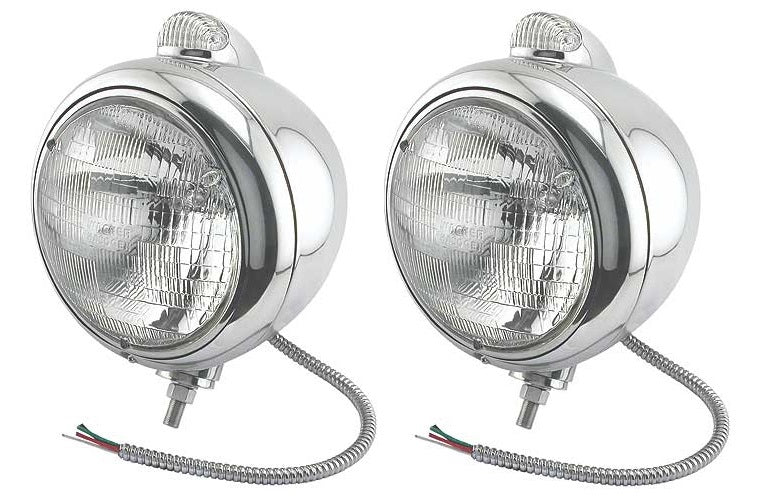A-13003 Guide Style Hot Rod Headlights- Chrome- Quartz Halogen- 12 Volt