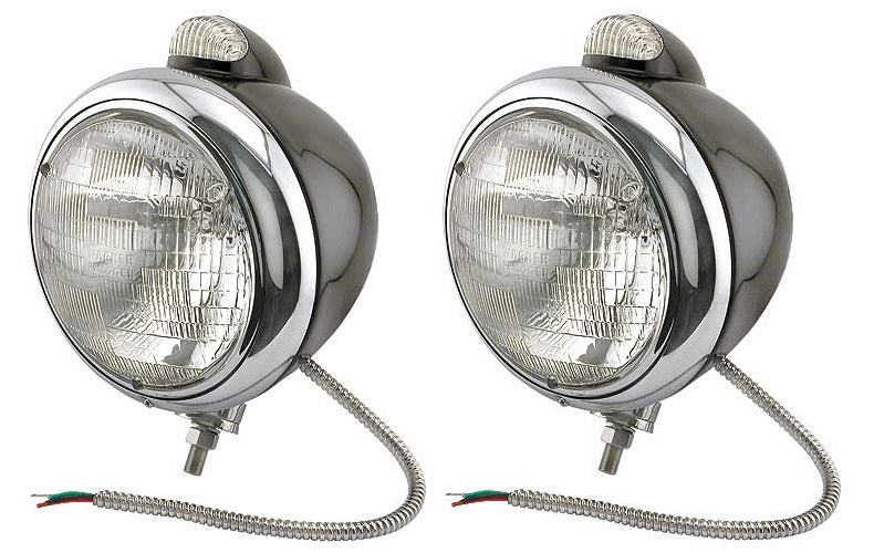 A-13004 Guide Style Hot Rod Headlights- Black- Quartz Halogen- 12 Volt